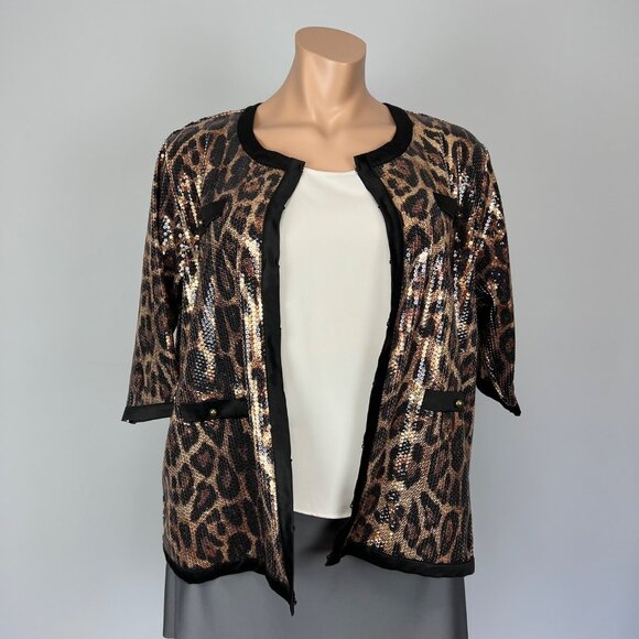 Michael Simon Womens Plus Leopard Print Sequin Jacket Hook Front Closure size 2X - Picture 6 of 14